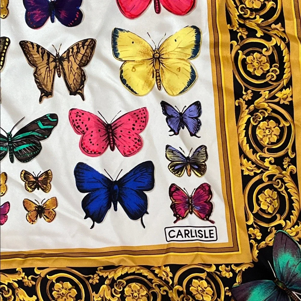Carlisle Gorgeous Butterfly Silk Scarf - Black & Gold Border, Hand Rolled Edges